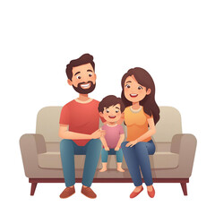 Cheerful family trio illustration featuring a dad, mom, and little boy on a sofa, isolated on a white background