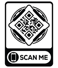 Naklejka premium Black and white QR code inside a rectangular frame with a phone icon and 