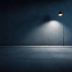 Solitary street lamp illuminating urban concrete wall and tile floor at night low angle moody scene with copy space