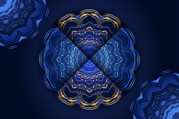 Ornate blue and gold mandala with symmetrical floral patterns on dark decorative background