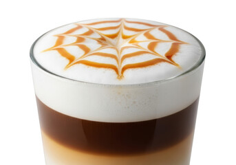 Caramel macchiato with latte art isolated on transparent background