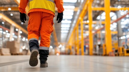 On-Site Assembly: A worker wearing safety gear walks purposefully through a vast industrial assembly plant, embodying the dedication and precision essential for operation. 
