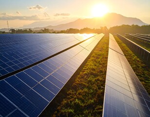 Sustainable energy farm at sunset