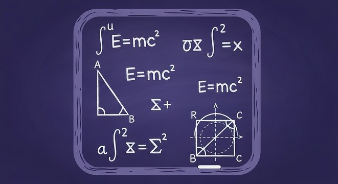 Mathematical equations and figures on chalkboard