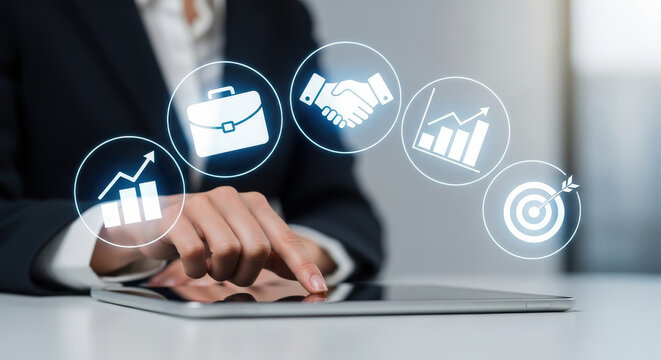 Businesswoman interacting with digital tablet, showcasing icons representing growth, partnership, and strategy, emphasizing modern technology in professional settings