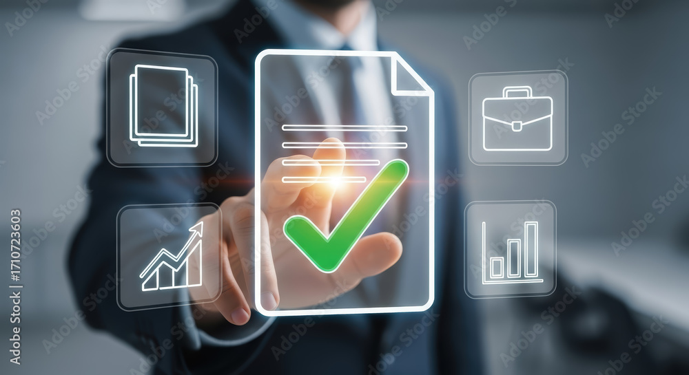 Poster business professional interacting with digital interface, selecting document approval icon, surround