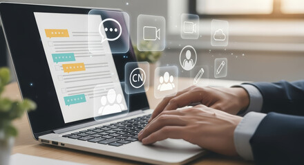 Business professional typing on laptop with digital communication icons floating above, showcasing modern technology and online interaction in a contemporary workspace