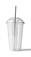 Clear plastic cup with dome lid and metal straw studio shot on white background for cold drinks and beverages