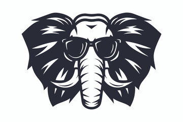 Stylized monochrome elephant head shows prominent tusks wearing sunglasses on a white background