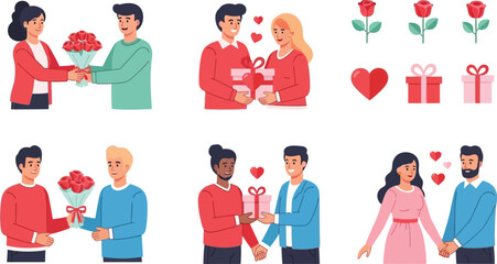 Various couples exchanging gifts and roses with hearts and presents on a white background vector art