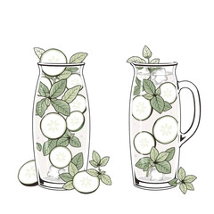 Fresh cucumber mint water in glass pitchers with ice
