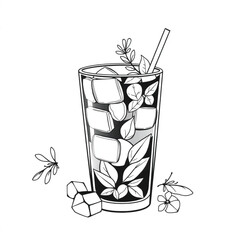Cold herbal tea blend with ice cubes and fresh herbs