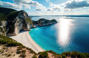 Aerial view of a scenic beach with white sand, turquoise water, and dramatic cliffs under a partly cloudy sky