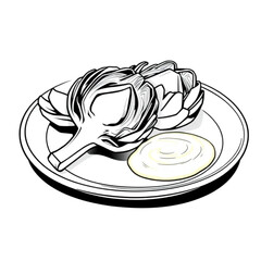 Steamed artichokes with lemon aioli on ceramic plate