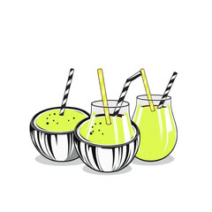 Fresh green smoothie in coconut shells with colorful straws