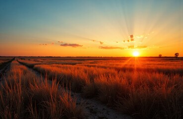 Fototapeta premium Sunset over a vast field with tall grasses and warm golden light illuminating the landscape