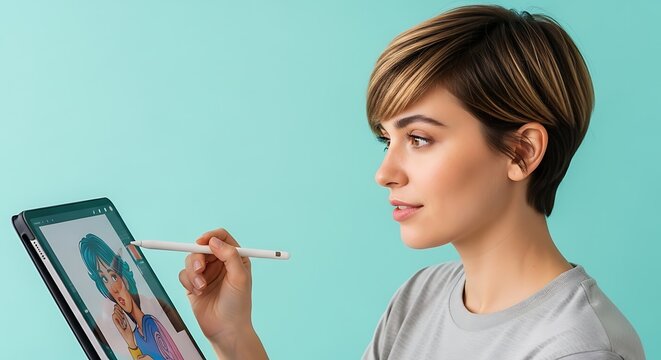 A young woman with short brown hair is focused on drawing a colorful cartoon character on a tablet with a stylus.