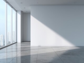 Modern empty office space interior design with city view from large windows showcasing minimalist architecture and bright sunlight casting shadows