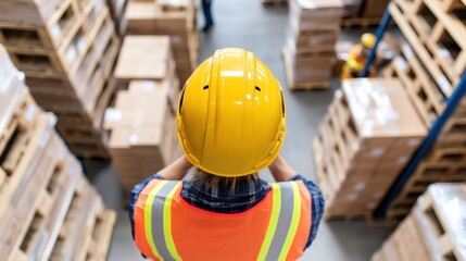 Warehouse Supervisor Inspection: A warehouse supervisor diligently oversees operations, inspecting meticulously-stacked inventory in a modern warehouse.