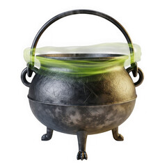Ancient ornate metal cauldron with a green rim and three legs isolated on transparent background