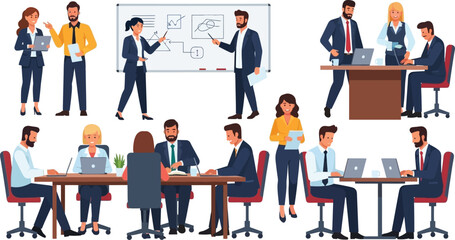 Illustration of business professionals in various office settings and collaborative work scenarios