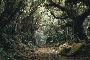 Obraz premium Lush Forest Path Viewpoint, Mossy Trees and Foliage, Moody and Atmospheric, Natural Light, Hiking Trail