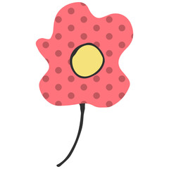 Digital art of a whimsical pink flower with red polka dots and a yellow center on a white background, simple, cheerful, and isolated.
