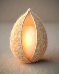 A fuzzy brown pod or cocoon with a glowing warm light emanating from its open center