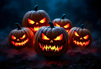 creepy pumpkins glow with sinister faces in the dark eerie night shadows flicker across twisted vines chilling halloween atmosphere haunting glow casting fear on a moonlit haunted yard