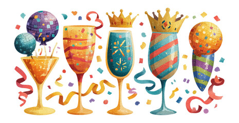 Colorful Celebration Elements with Party Glasses and Balloons on Transparent Background