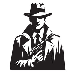 Gangster with gun illustration, vintage mafia man in hat, retro crime vector artwork