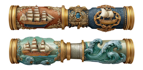 Vintage Nautical Spyglass with Intricate Ship Designs on Isolated Background