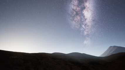 Under a clear night sky, observers admire the breathtaking view of the Milky Way arching above a tranquil mountain landscape, creating a magical and peaceful atmosphere.