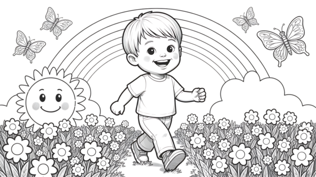 Cheerful Boy Walking Through Flower Field with Rainbow and Butterflies - Powered by Adobe