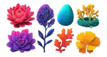 Colorful Floral and Nature Elements on Transparent Background