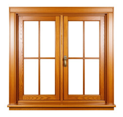 Obraz premium Elegant Wooden Double Casement Window with Clear Glass Panels and Polished Frame, Interior Architectural Element, Isolated on Transparent and White Background
