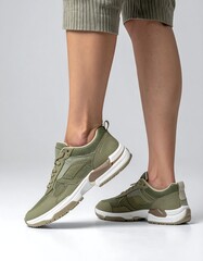 Khaki sneakers on legs