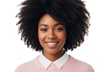 Smiling young woman with afro hair isolated on transparent background