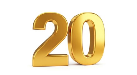 Golden Number Twenty Shiny Metallic on White Background