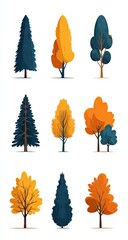 Obraz premium Collection of stylized autumn and evergreen trees in flat graphic design.