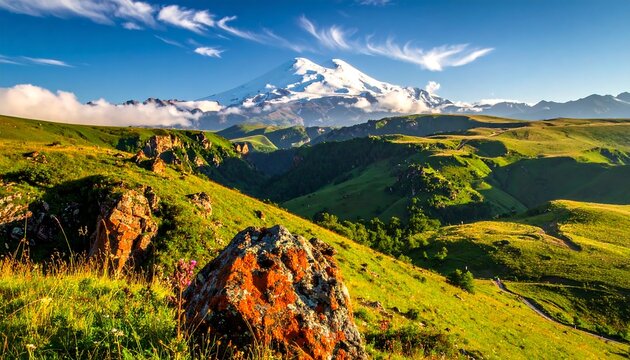 A vibrant mountain vista showcases a lush valley, dotted with rocks and greenery, beneath a majestic snow-capped peak, bathed in the warm glow of a sunny day.
