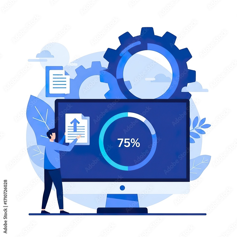 Poster person interacting with computer displaying progress