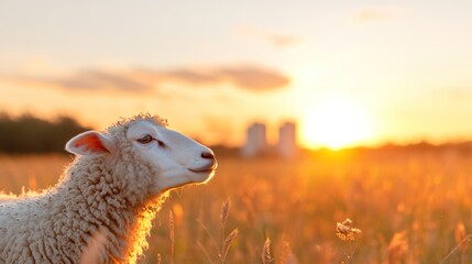 Sheep in Golden Sunset: A sheep, bathed in the golden light of the setting sun, stands serenely in a field of tall grass, evokes a sense of peace, freedom and idyllic rural life.