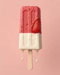 A red and white strawberry ice cream bar with melting drips and a strawberry slice