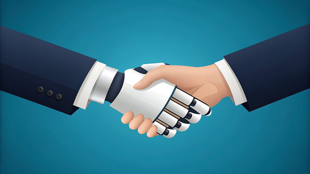 Human and robot handshake symbolizing collaboration and future technology in business and artificial intelligence
