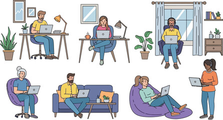 People working from home in various locations with laptops and comfortable seating arrangements shown