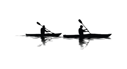 Naklejka premium Silhouettes of two kayakers paddling peacefully on calm water surface