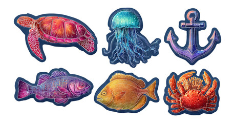 Colorful Isolated Sea Creatures and Nautical Elements on Transparent Background