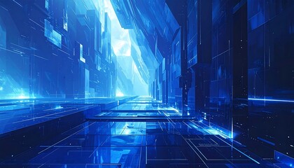 A futuristic cityscape, depicted in a deep blue color palette, showcasing a technologically advanced urban design.