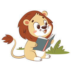 Cute cartoon lion cub reading a book. Vector illustration of little lion studying, perfect for school and education themes.